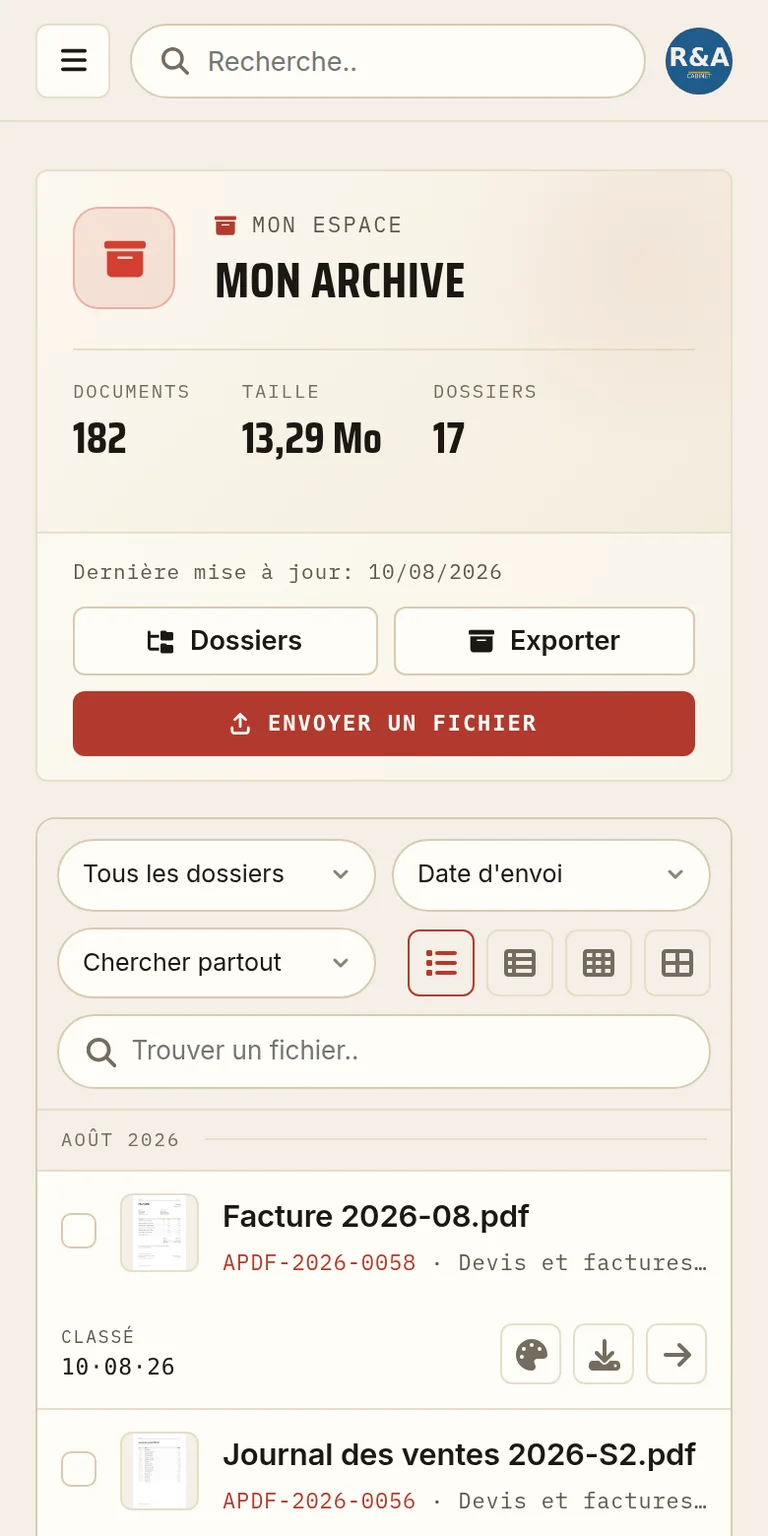 Consulter ses documents PDF archivés sur téléphone: la même archive en vue liste.