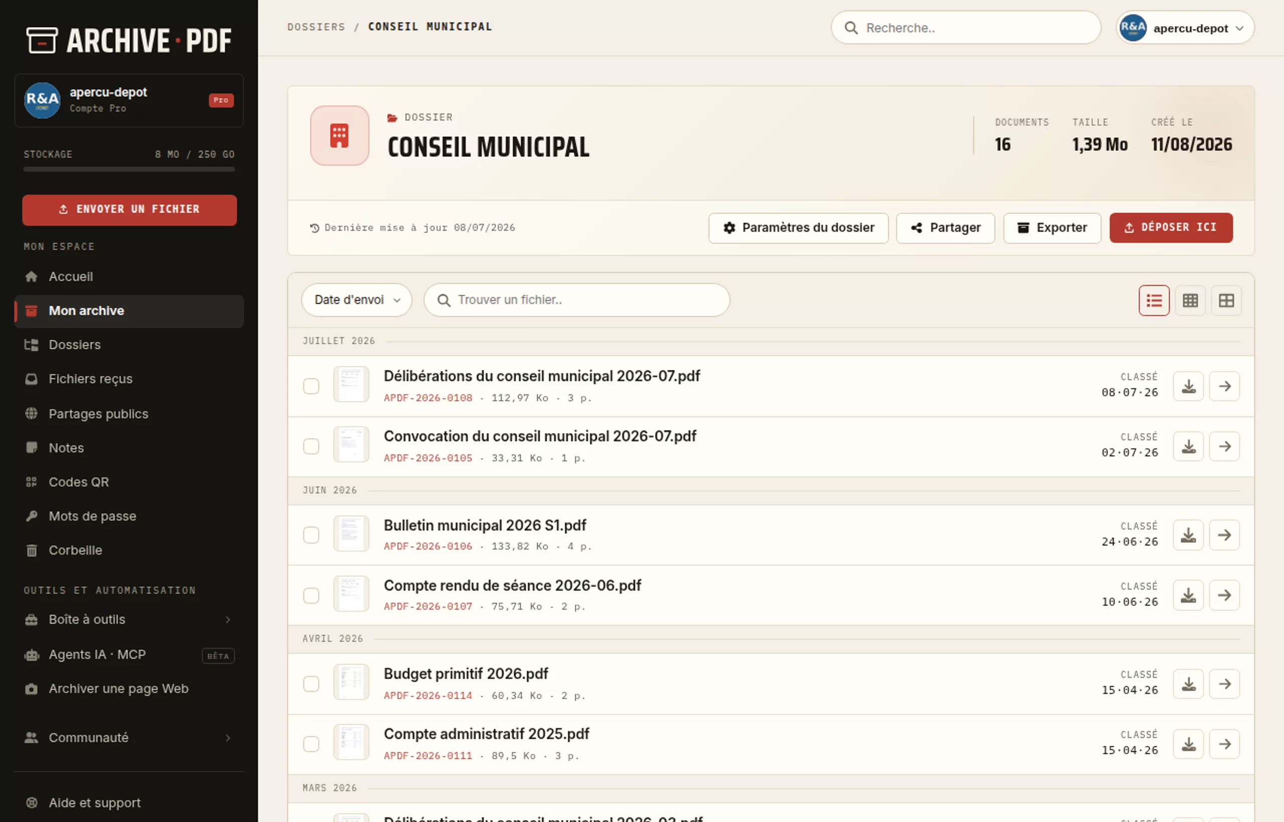 Archiver les délibérations du conseil municipal d'une mairie: comptes rendus de séance, bulletins municipaux, budget et comptes administratifs classés par date.