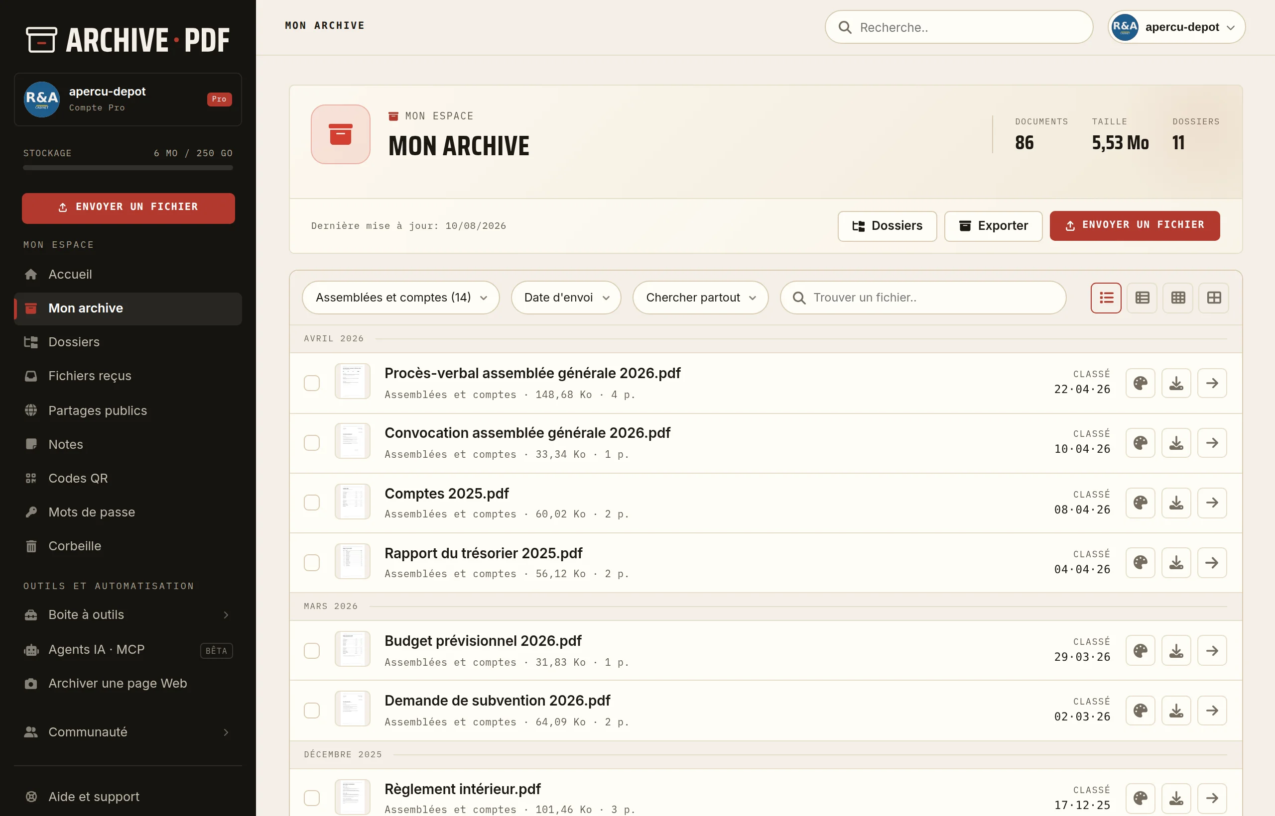 Archiver les PV d'assemblée générale d'une association: statuts, procès-verbaux et comptes classés par exercice.