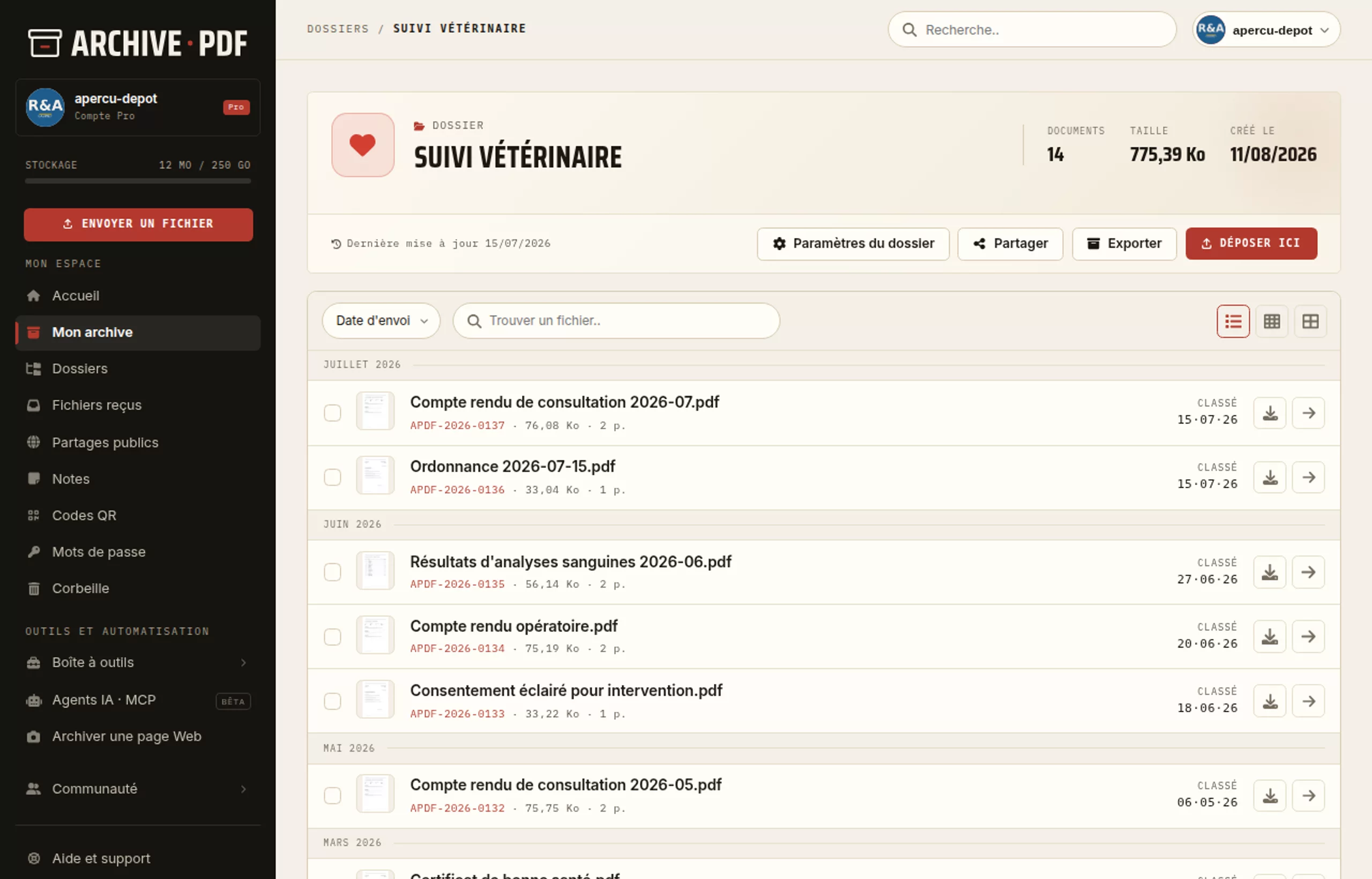 Archiver le suivi vétérinaire d'un animal: comptes rendus de consultation, ordonnances, résultats d'analyses et certificats.