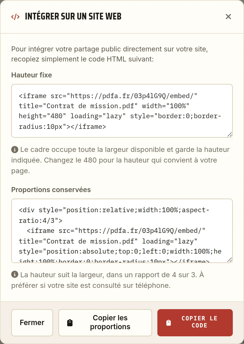 Code d'intégration d'un document PDF dans un site web: deux codes à copier, l'un à hauteur fixe, l'autre qui conserve les proportions du cadre.