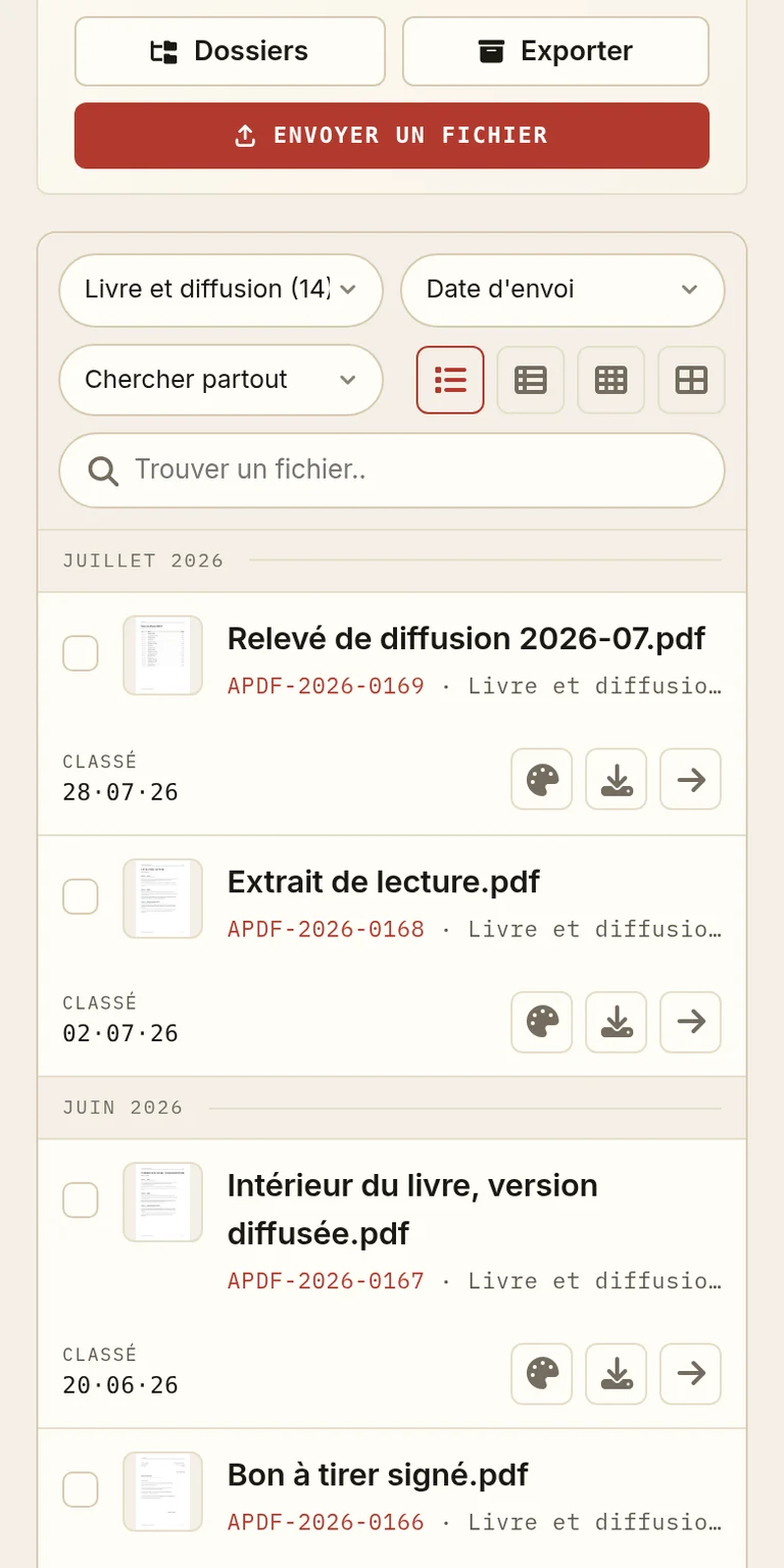 Le dossier d'un livre auto-édité, consulté sur téléphone.