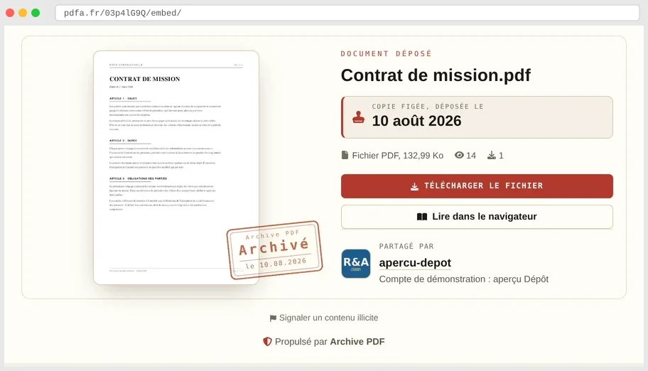Document PDF intégré dans une page web: le cadre affiche l'aperçu, la date de dépôt et le bouton de téléchargement, sans la barre de marque du site de partage.