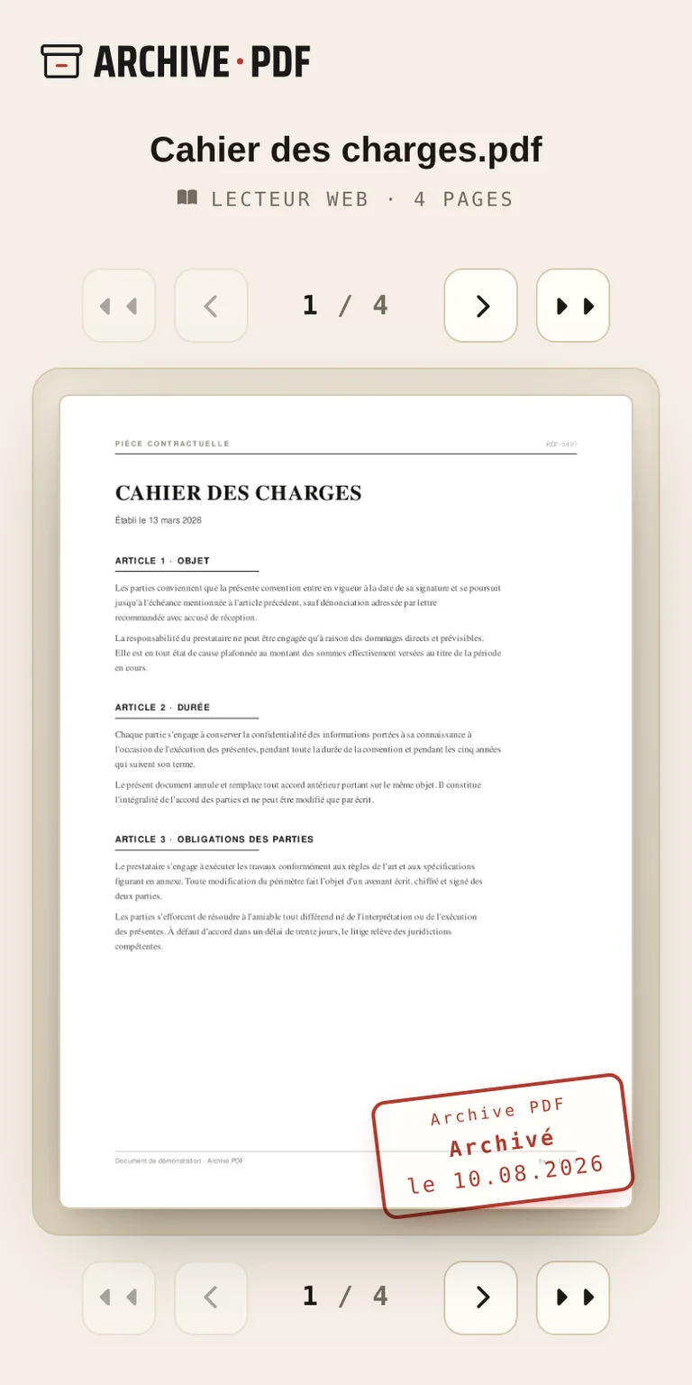 Lire un document PDF partagé en ligne depuis un téléphone: le lecteur web affiche les pages une par une, sans installation ni inscription.