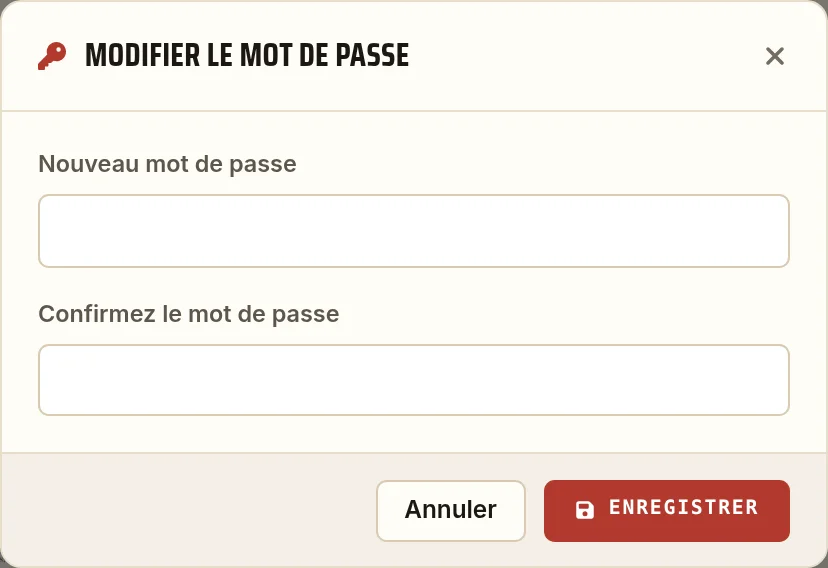 Modifier le mot de passe d'un partage PDF: la fenêtre de saisie, avec le nouveau mot de passe et sa confirmation.