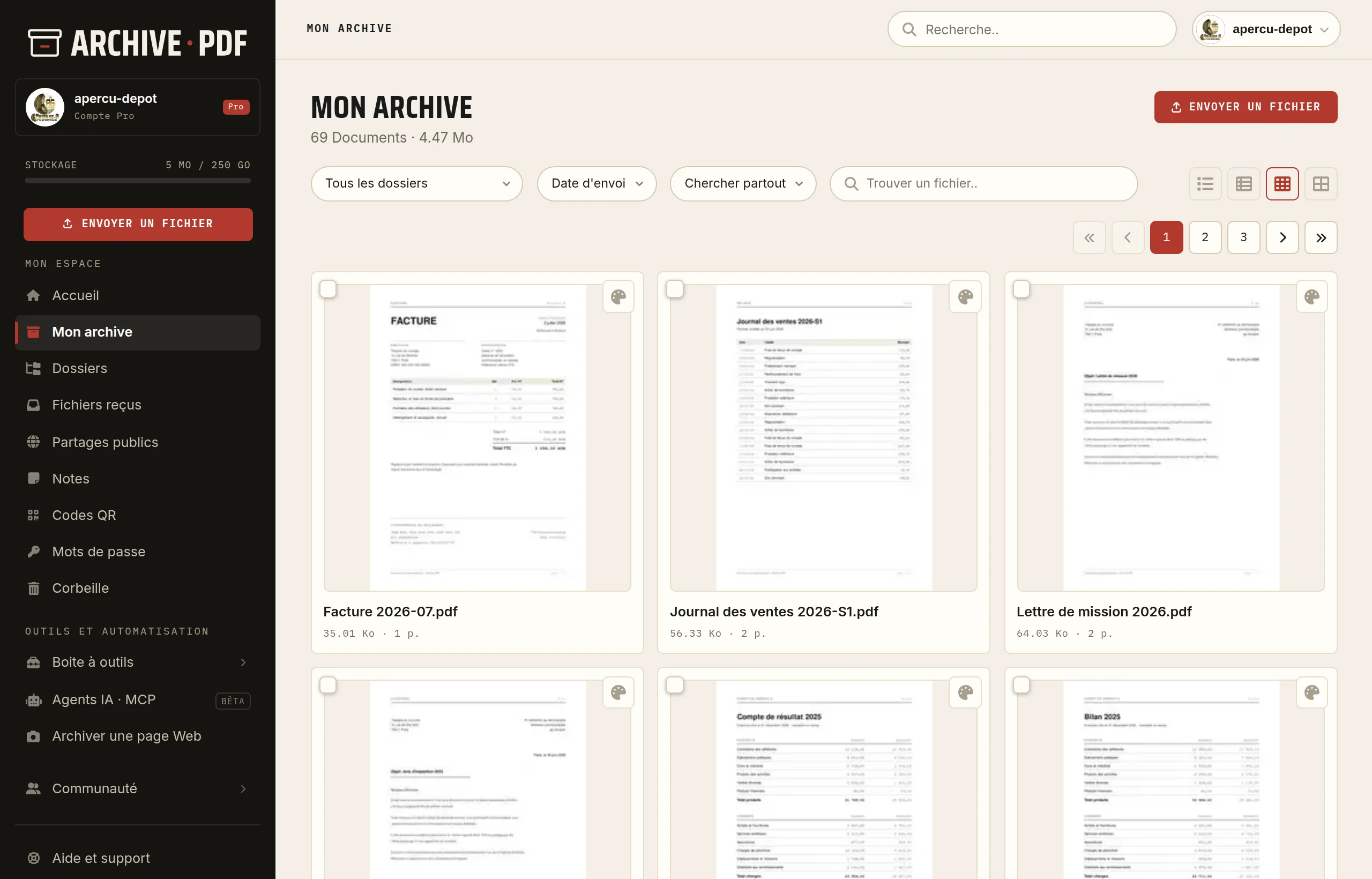 Le gestionnaire de fichiers d'Archive PDF en vue vignettes, sur un compte de démonstration.