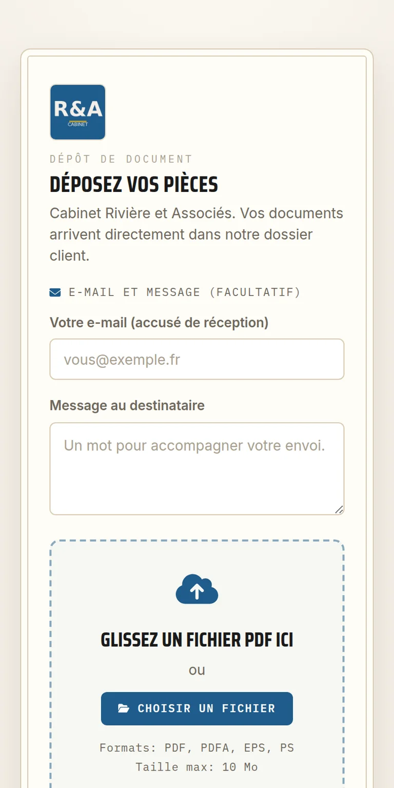 Page de dépôt de fichiers à sa marque: le logo, le titre et la couleur d'un cabinet sur la page où ses clients déposent leurs documents.