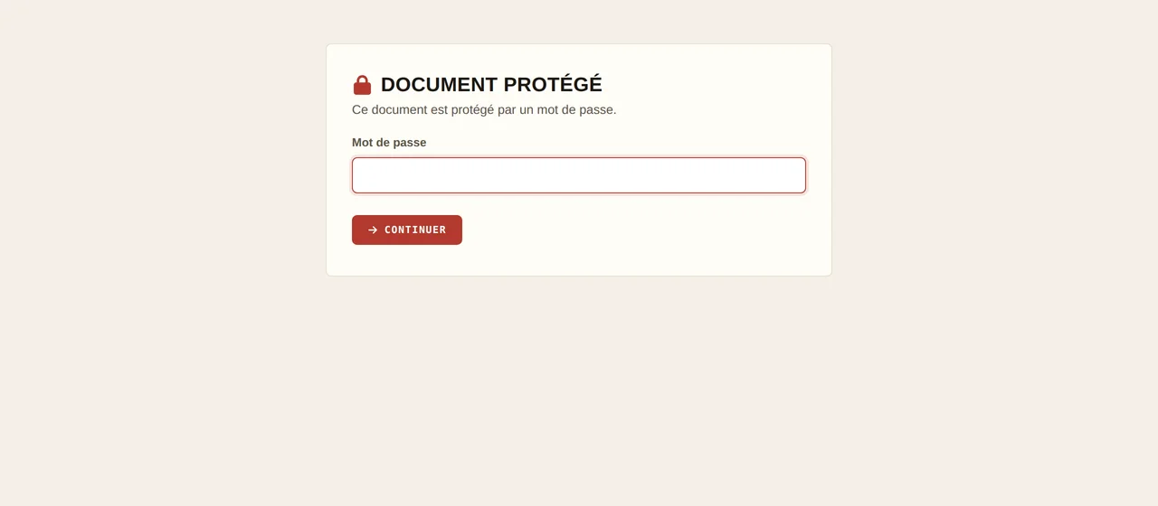 Page d'un document PDF protégé par mot de passe, telle que la voit le destinataire: un champ de saisie, et rien du document tant que le mot de passe n'est pas donné.