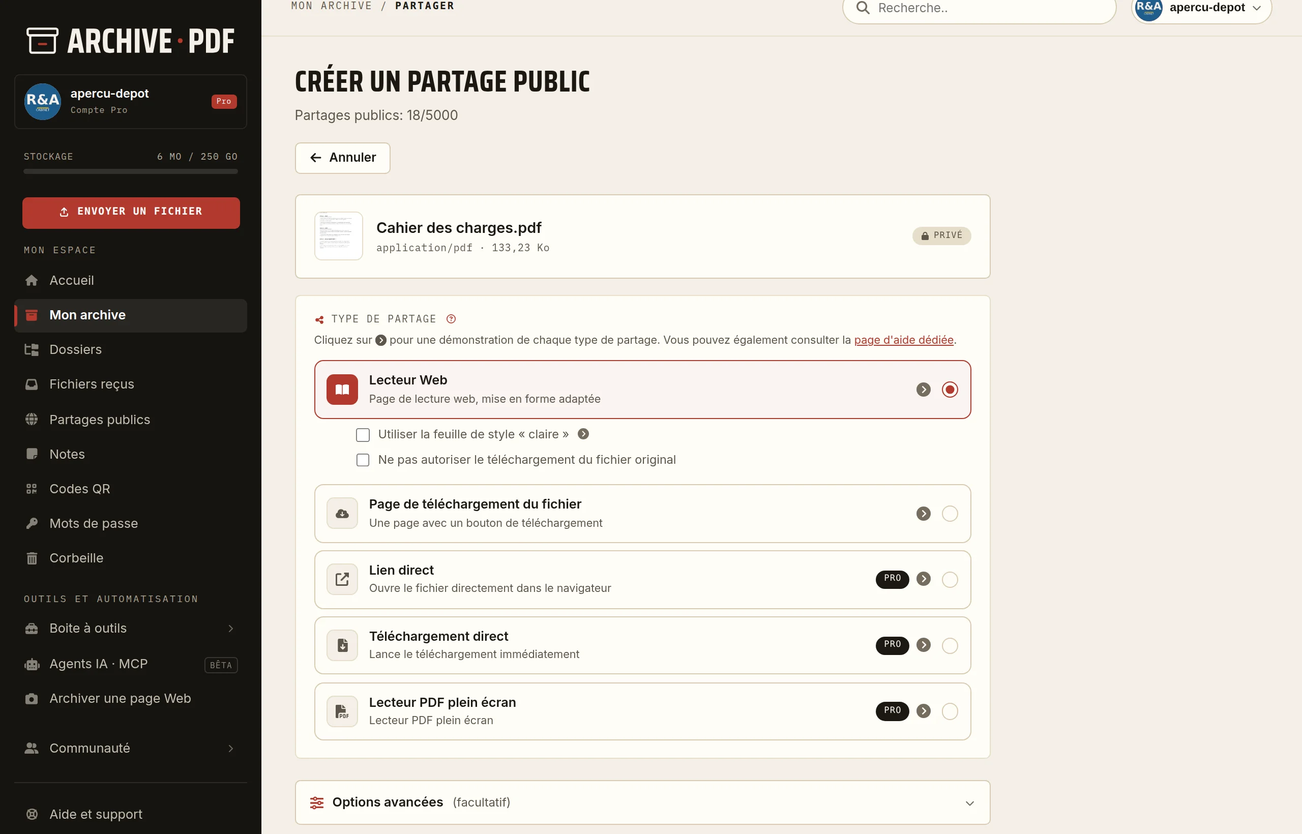 Partager une présentation PDF: l'écran de création du lien, avec le choix entre lecteur web, page de téléchargement, lien direct, téléchargement direct et lecteur PDF plein écran.