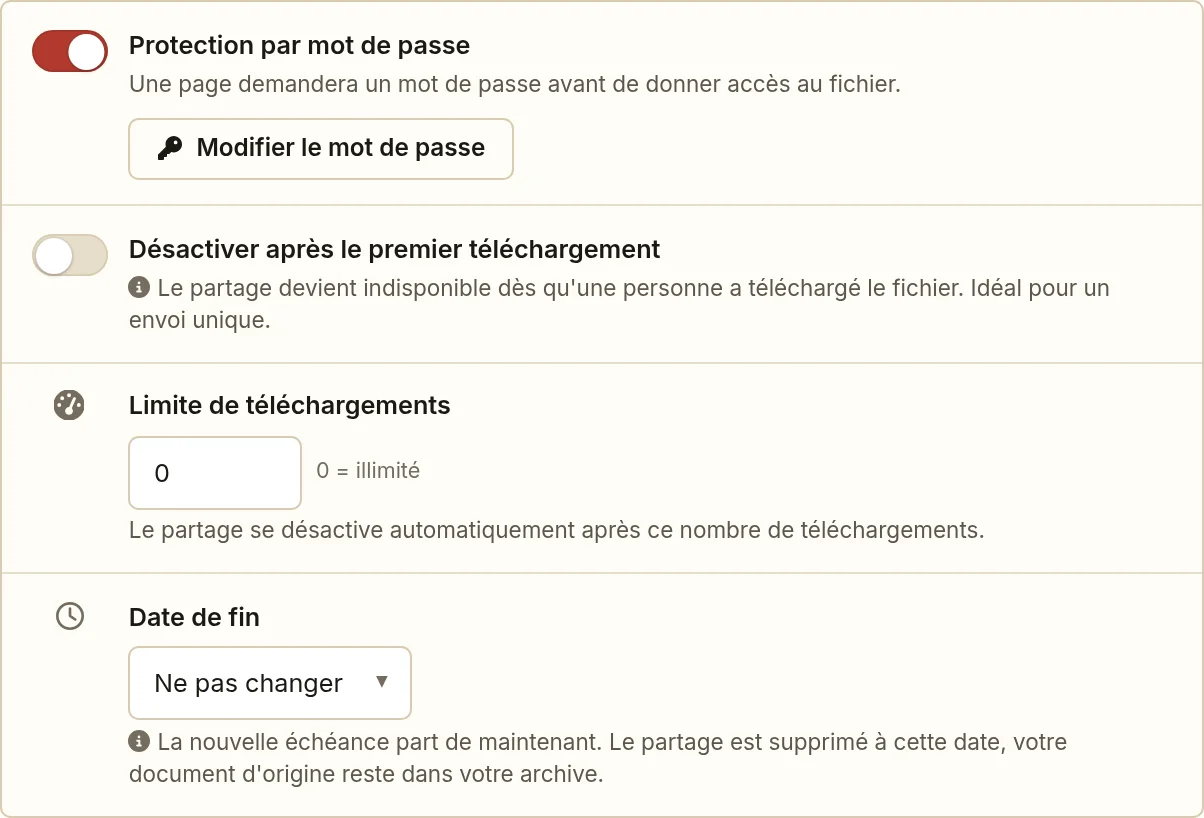 Protéger un partage PDF par mot de passe: le bloc Accès et sécurité d'un partage public, avec la protection par mot de passe, la désactivation après le premier téléchargement, la limite de téléchargements et la date de fin.