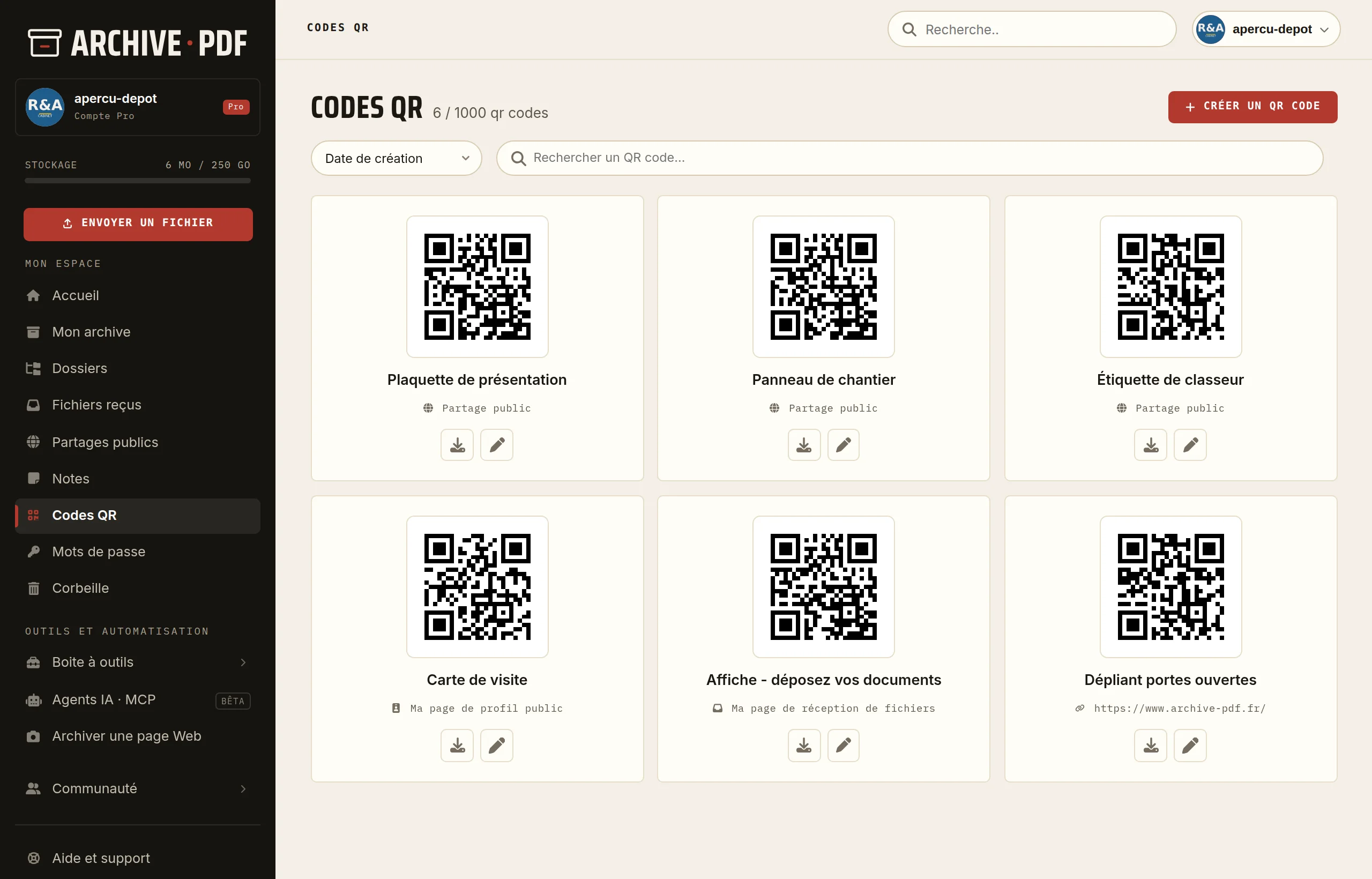 QR codes dynamiques pour documents PDF: la liste des QR d'un compte, chacun avec sa destination, partage public, page de profil, page de réception de fichiers ou adresse externe.